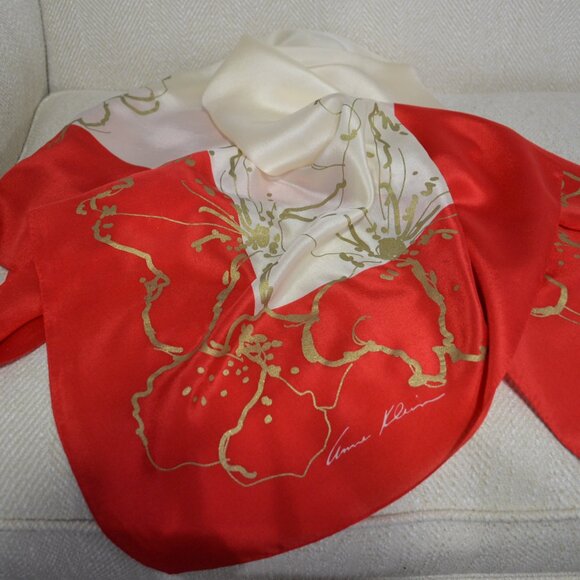 Anne Klein Silk Scarf, Signed, 40 Inches Square, Vintage Cream and Red with Gold - Picture 6 of 10
